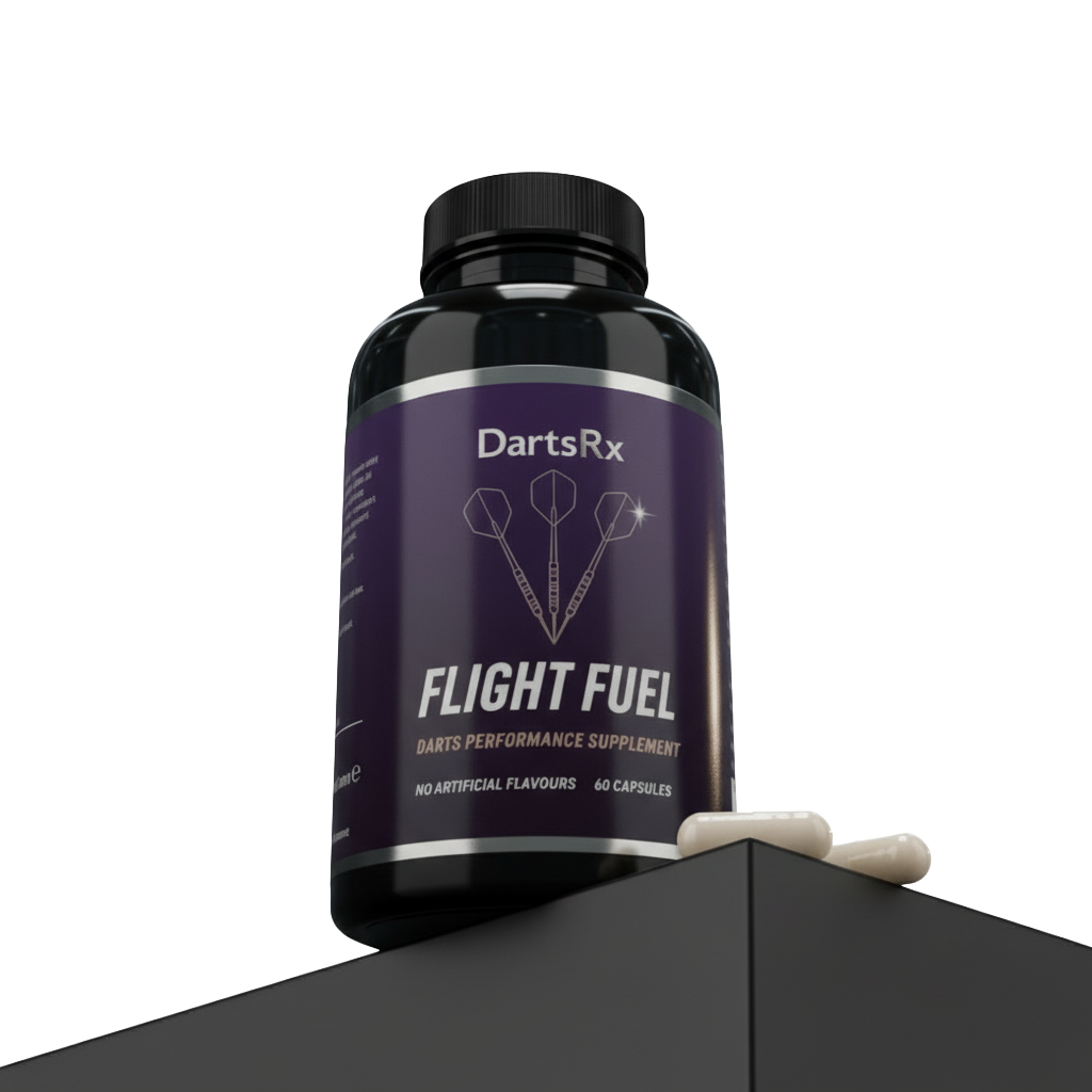 Black bottle labeled 'Flight Fuel' with two white capsules beside it.