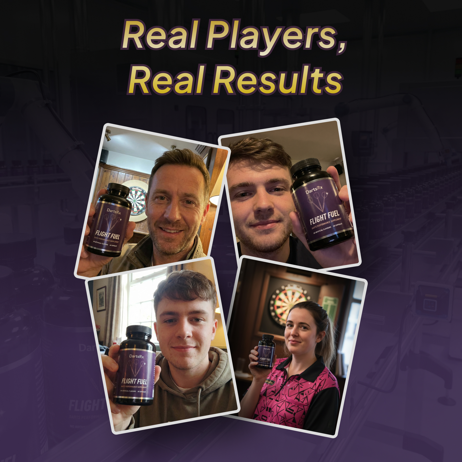 Four people holding bottles, with a dartboard in the background.