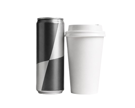 A black and silver aluminum can stands next to a white disposable coffee cup with a lid.