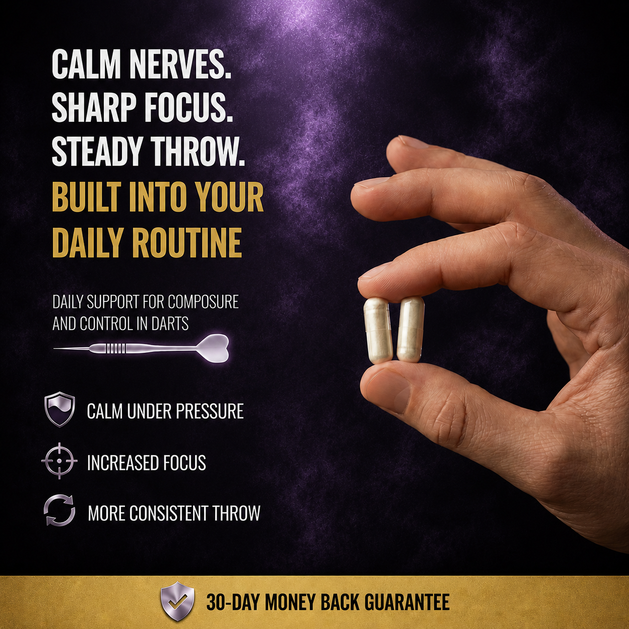 An advertisement shows a hand holding two capsules with text listing benefits for playing darts.