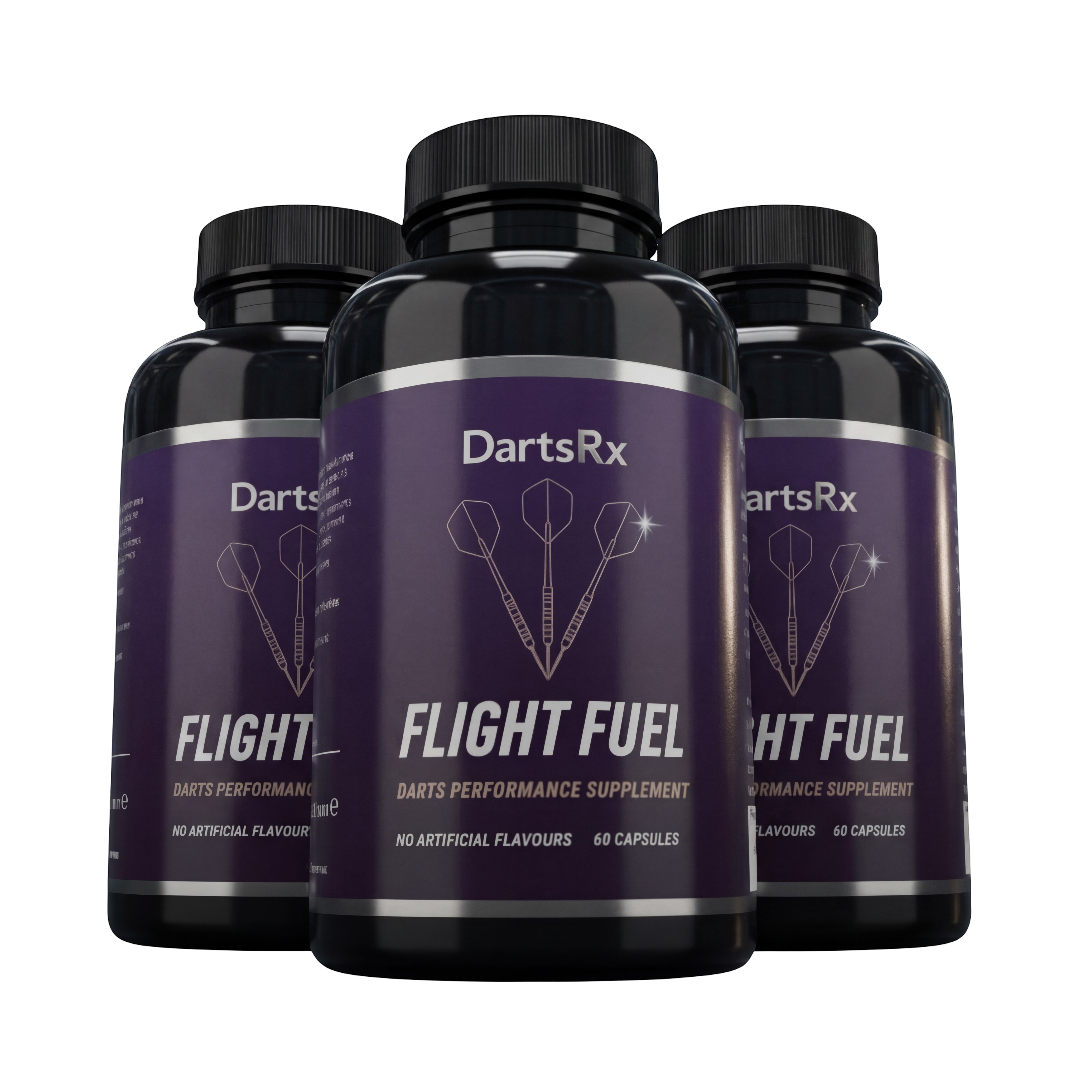 Three bottles of DartsRx Flight Fuel Darts Performance Supplement against a black background.