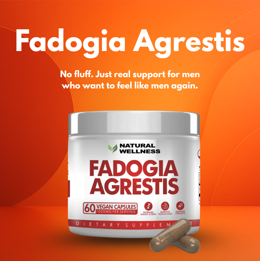 Fadogia Agrestis supplement jar with capsules on an orange background.
