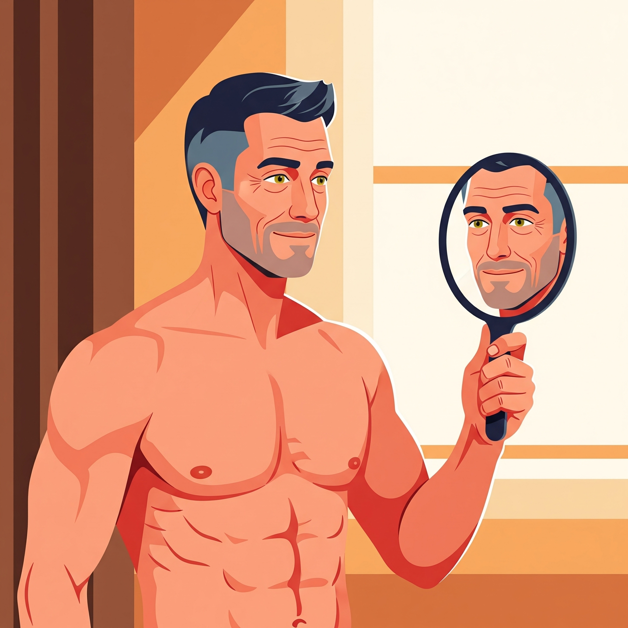 Illustration of a shirtless man holding a hand mirror, reflecting his face.