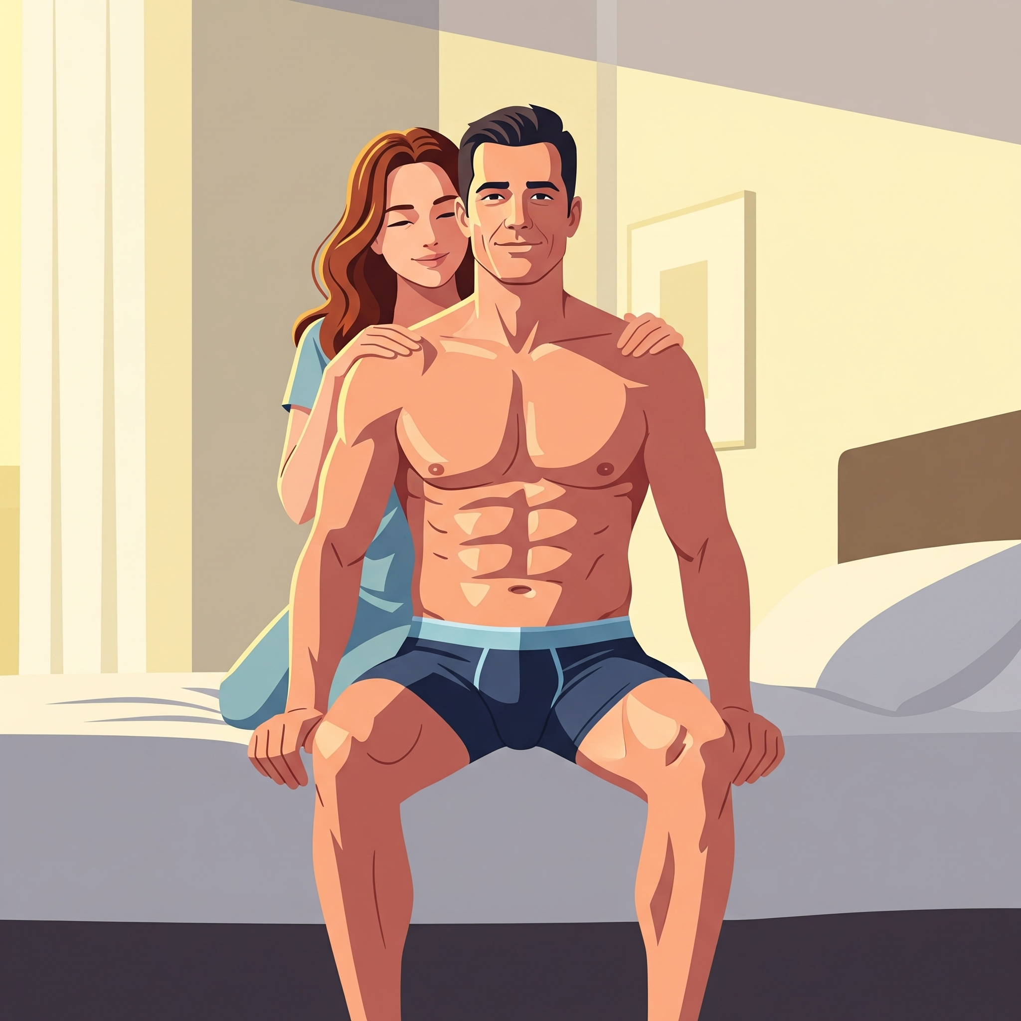 Illustration of a woman hugging a shirtless man sitting on a bed.