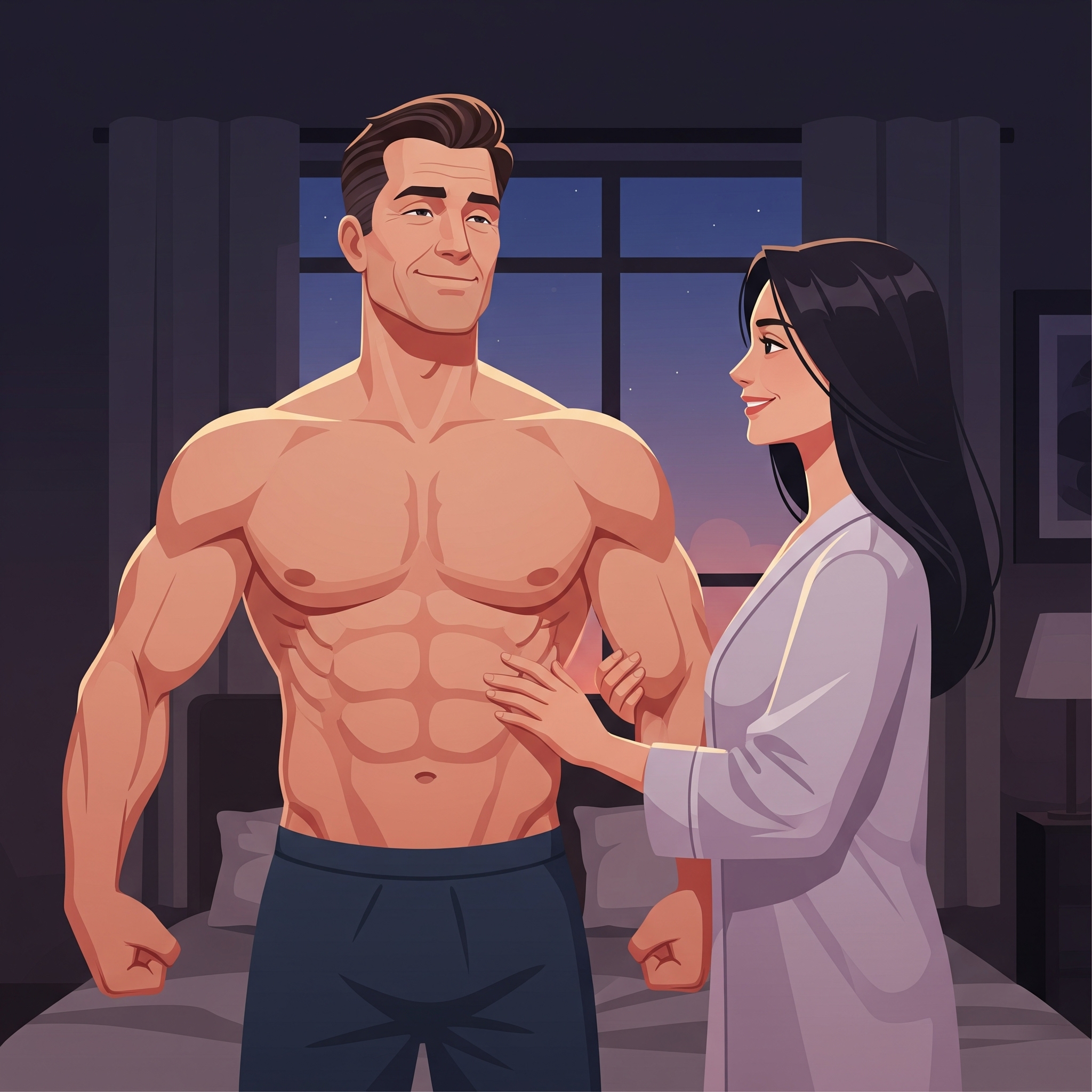 Illustration of a muscular man and a woman in a bedroom setting.
