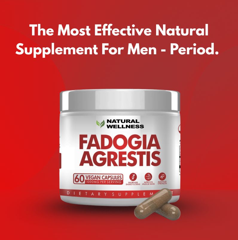Supplement jar labeled 'Fadogia Agrestis' with capsules, red background.