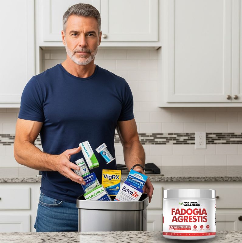 Man in kitchen holding boxes of supplements over a trash can.