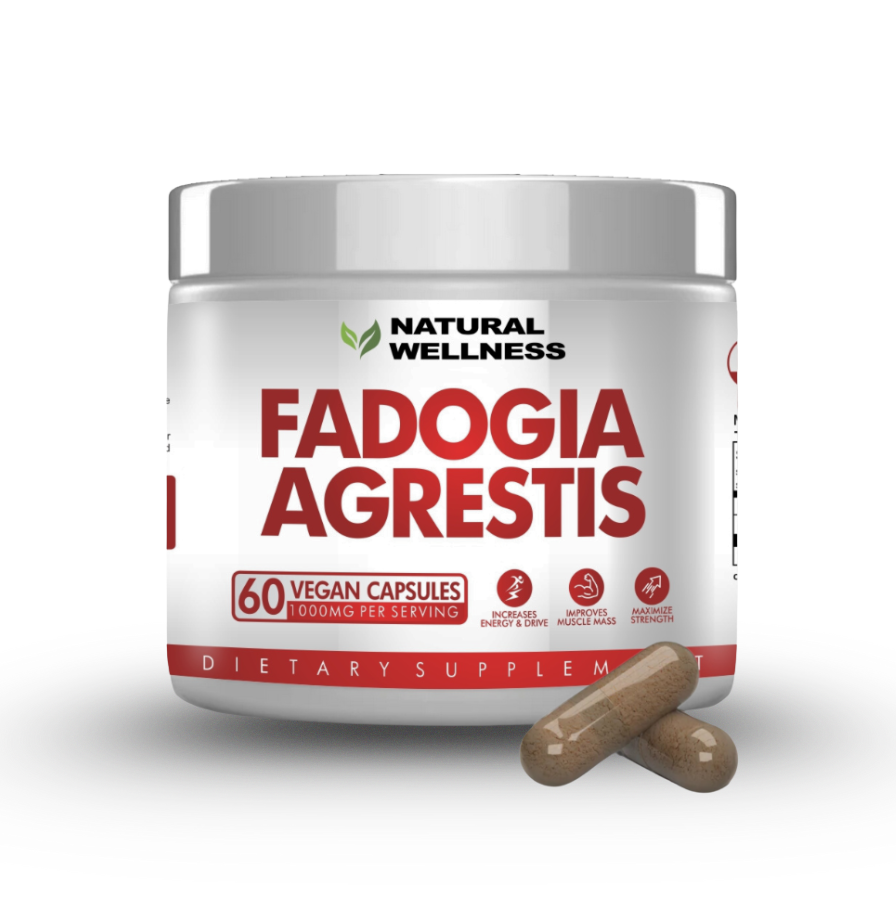 Bottle of Fadogia Agrestis vegan capsules with two capsules beside it.