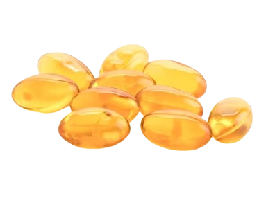 A small pile of translucent, golden-yellow softgel capsules on a white background.