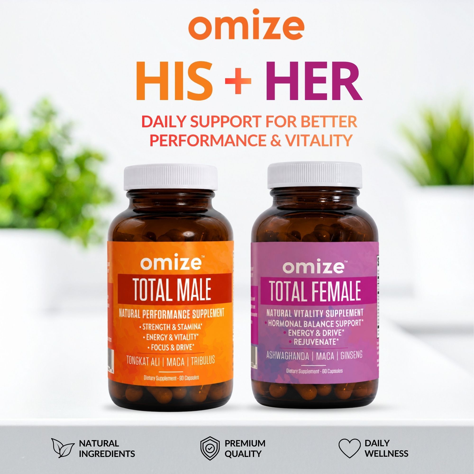 Two bottles of Omize brand His + Her supplements, labeled Total Male and Total Female, for performance and vitality.