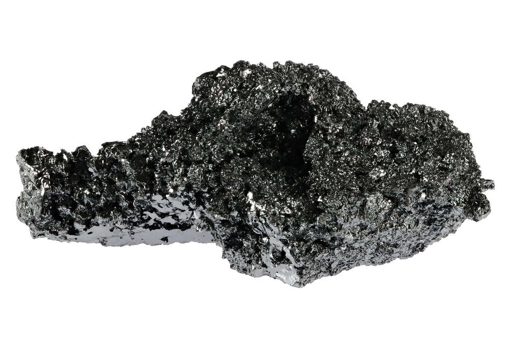 A chunk of a shiny, black, crystalline material with a rough texture, isolated on a white background.