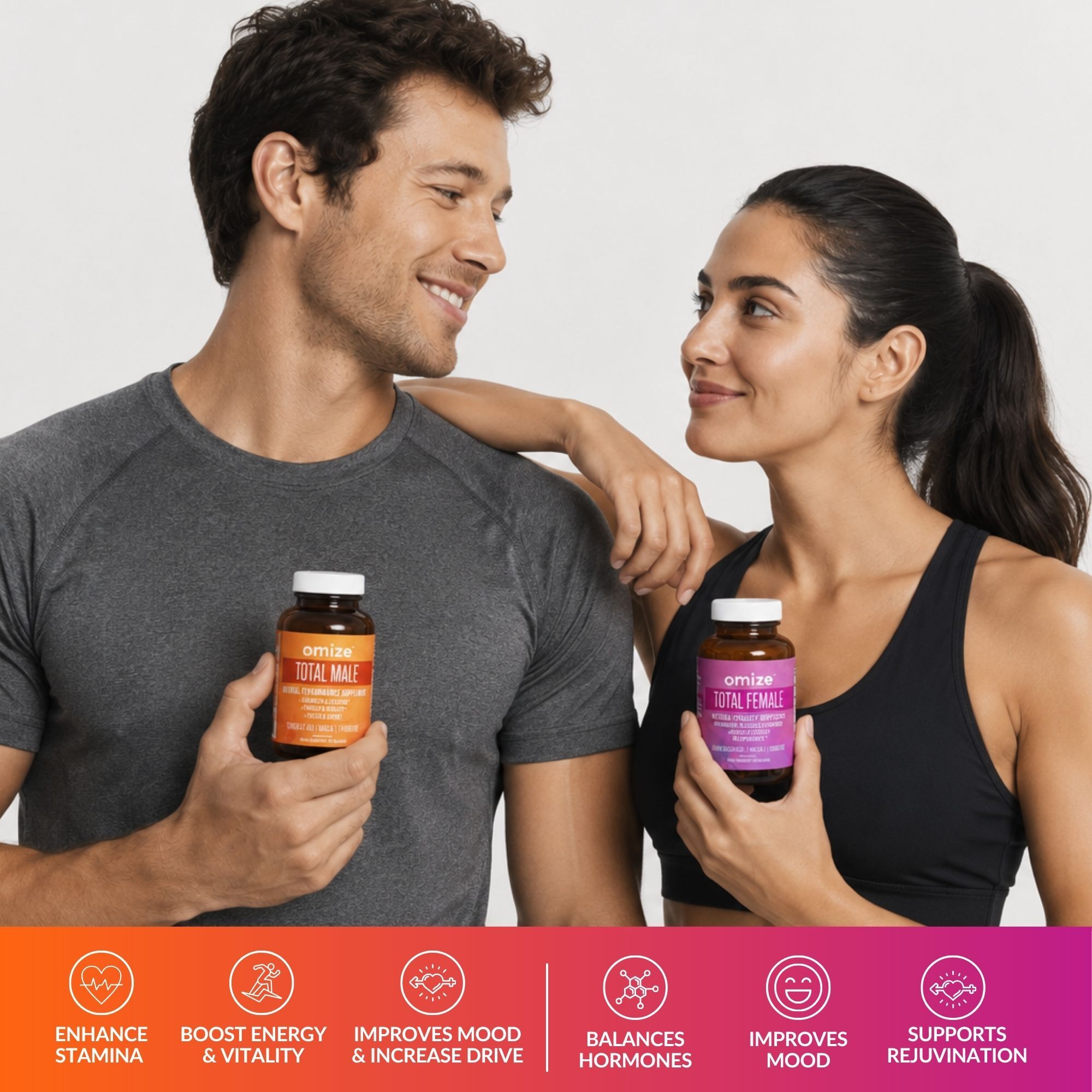 A smiling man and woman hold bottles of Omize Total Male and Total Female supplements.
