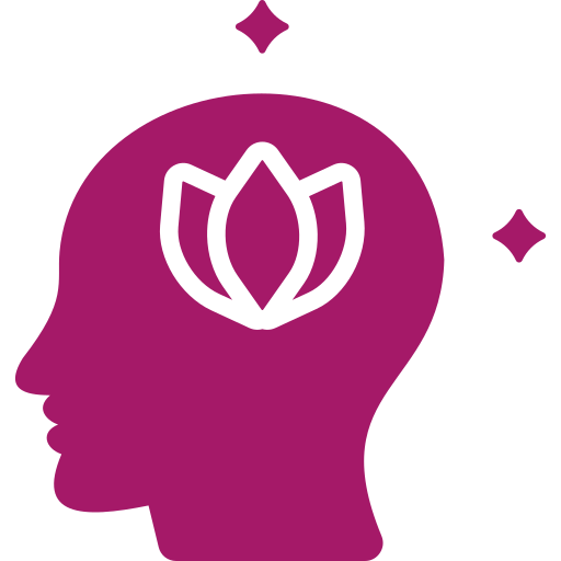 A magenta icon of a head in profile with a white lotus flower inside and sparkles around it.