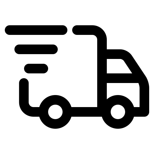 A black line icon of a delivery truck in motion, indicating speed.