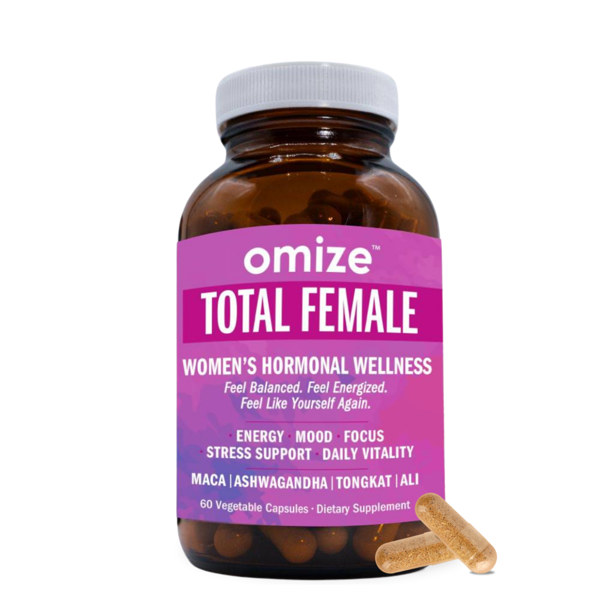 A bottle of Omize Total Female Women's Hormonal Wellness supplement with two capsules next to it.