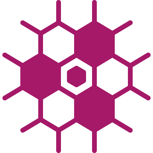 A purple graphic of interconnected hexagons with lines extending outward from the structure.