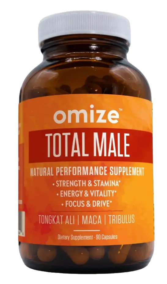A brown bottle of Omize Total Male natural performance supplement with a white cap against a white background.