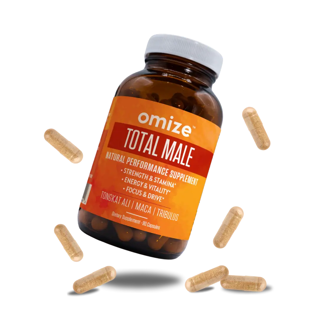 A bottle of Omize Total Male dietary supplement, with several capsules floating around it on a white background.