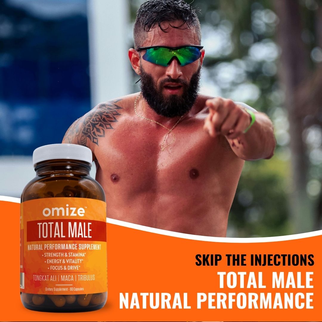 An ad for Omize Total Male supplement featuring a muscular man pointing at the camera.