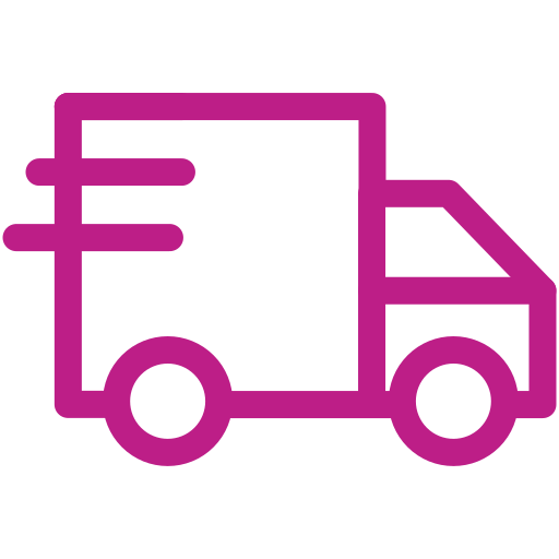 A magenta line art icon of a delivery truck with motion lines to indicate speed.