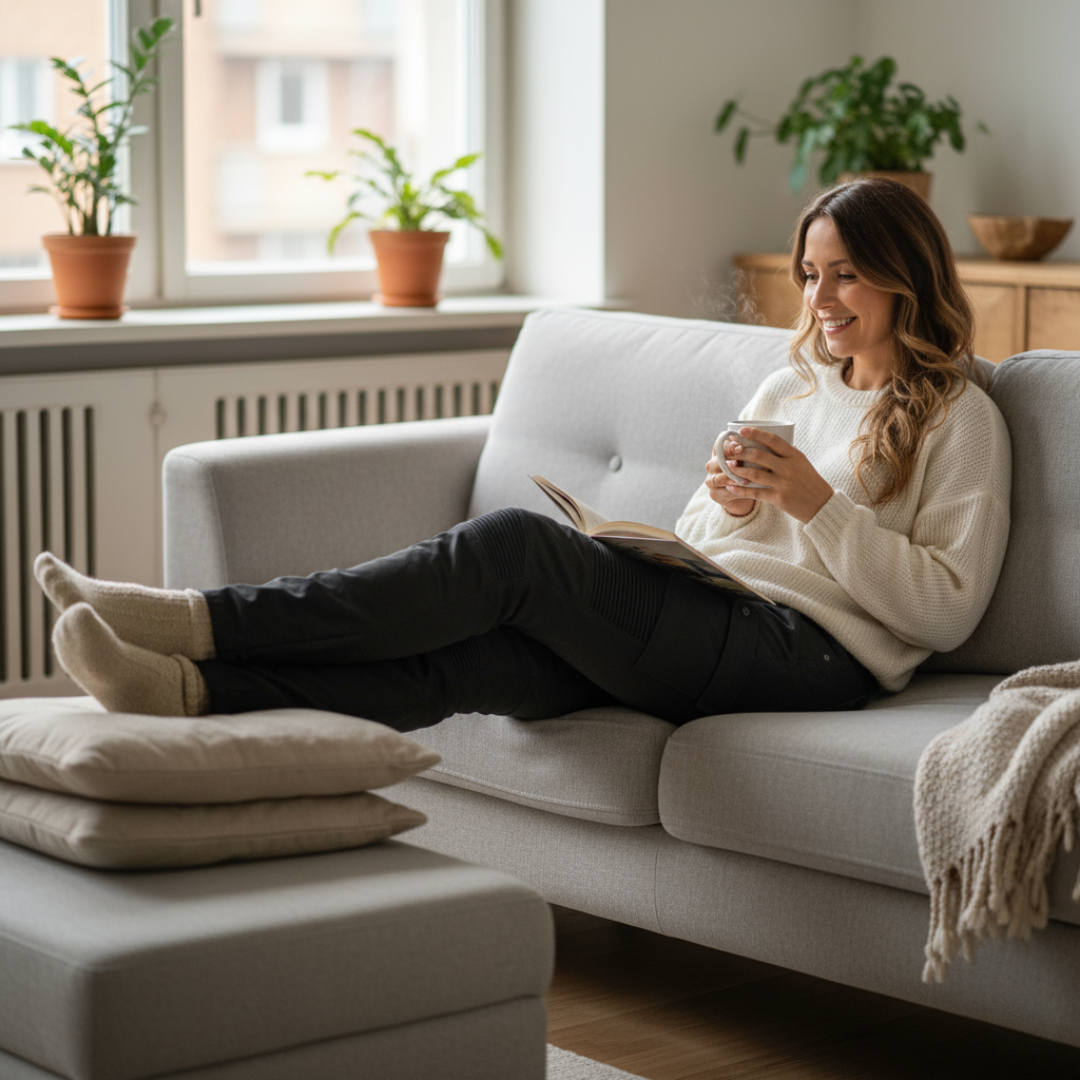 Woman relaxing on a sofa with a mug and book, surrounded by plants.