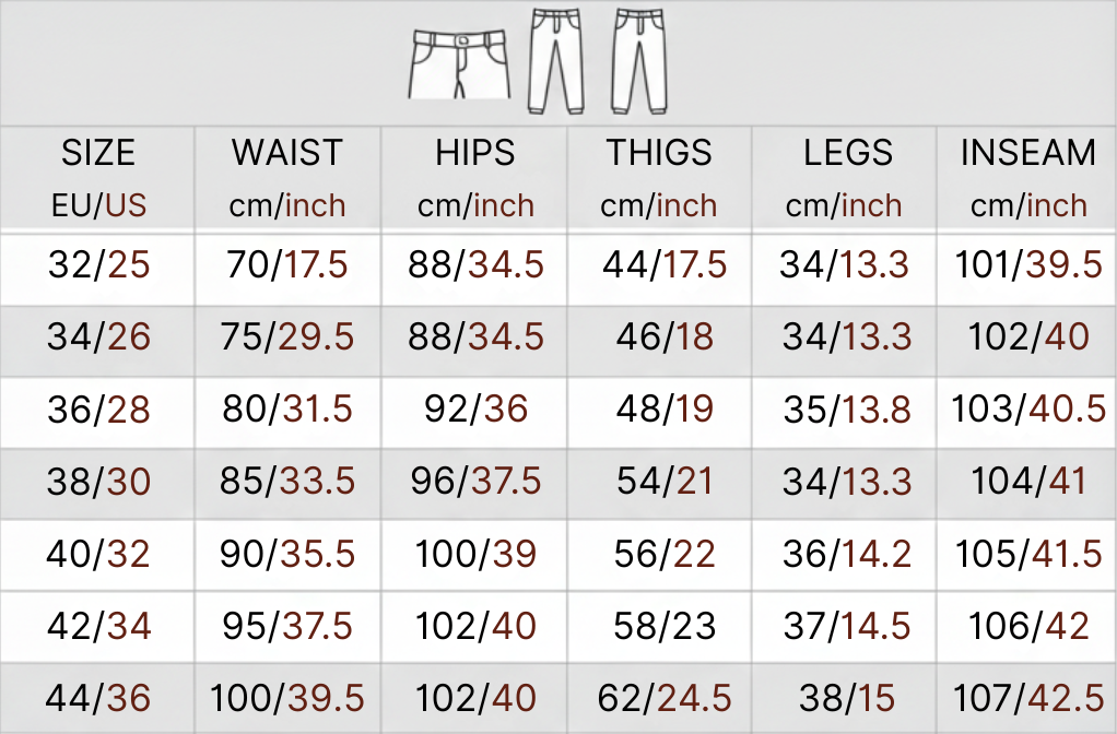 Pant size conversion chart with measurements in EU/US, waist, hips, thighs, legs, and inseam.