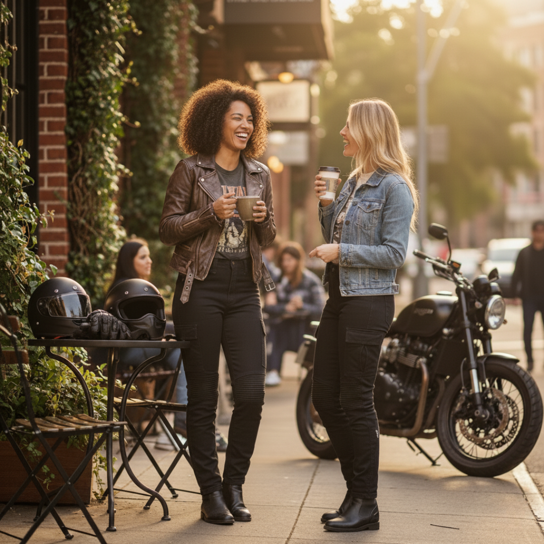 Two women stand on a sidewalk, holding coffee near a parked motorcycle.