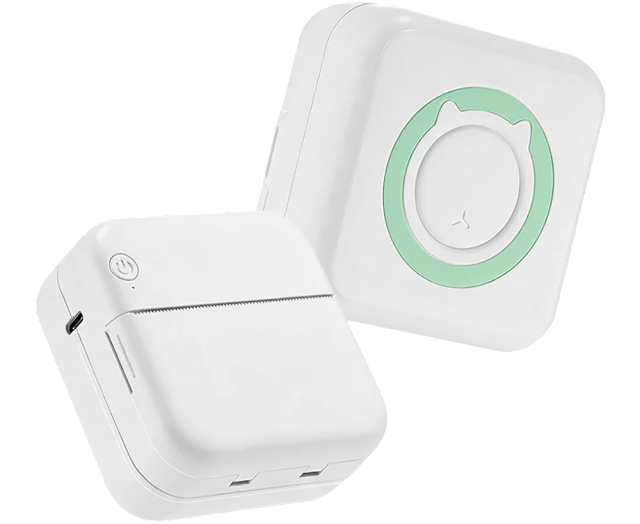 Two white electronic devices with rounded edges and minimalist design.