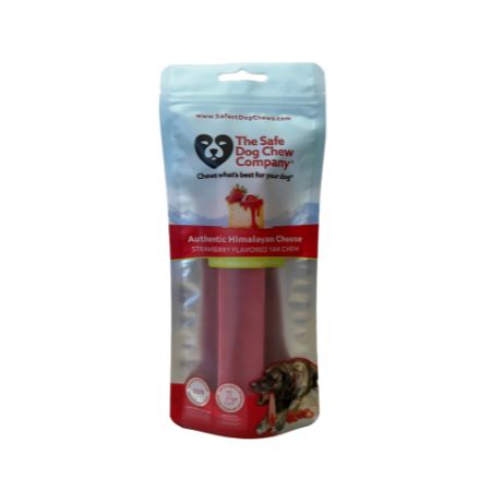 Dog chew packaging with strawberry-flavored Himalayan cheese sticks.