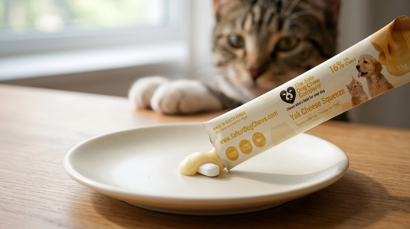 A cat watches as a Yak Cheese Squeeze treat is squeezed onto a plate to cover a pill.