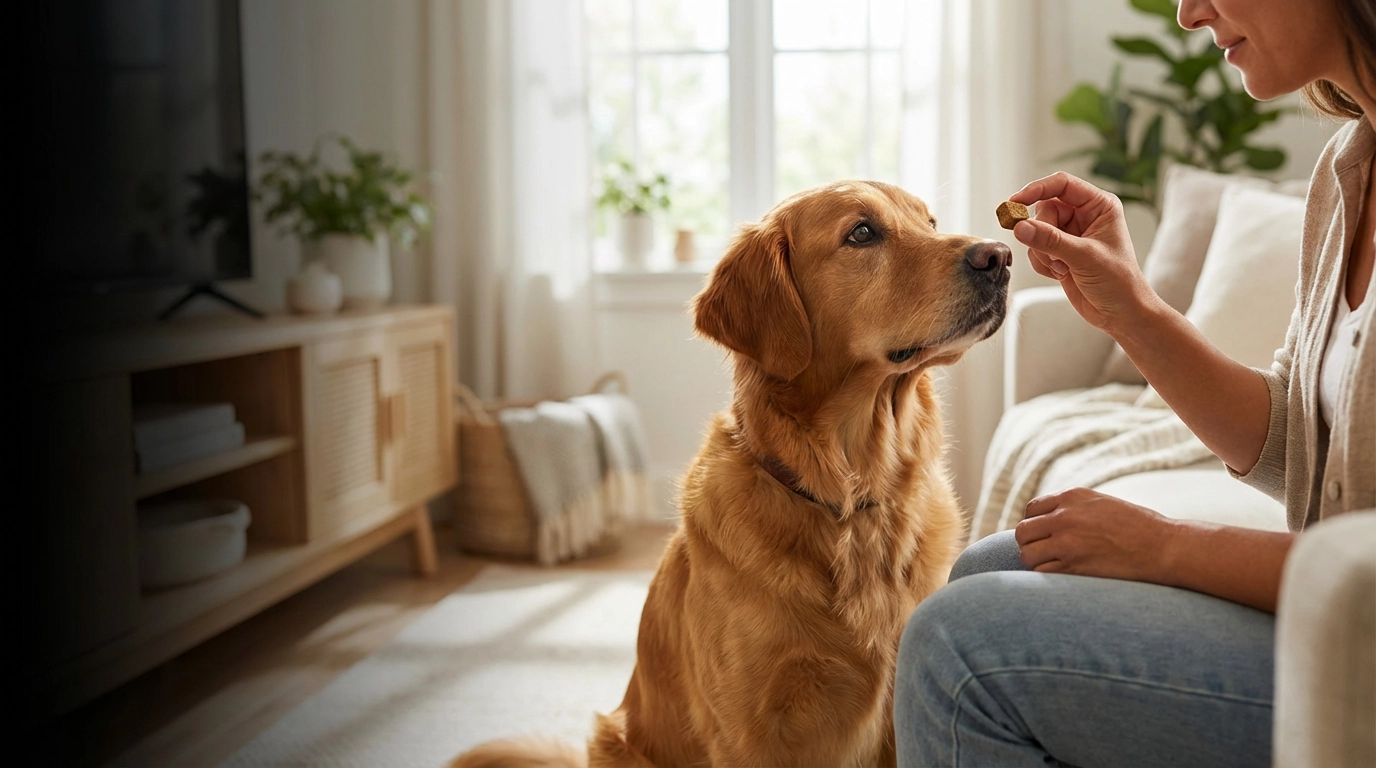 A person feeds a treat to a golden retriever sitting on the floor in a living room.