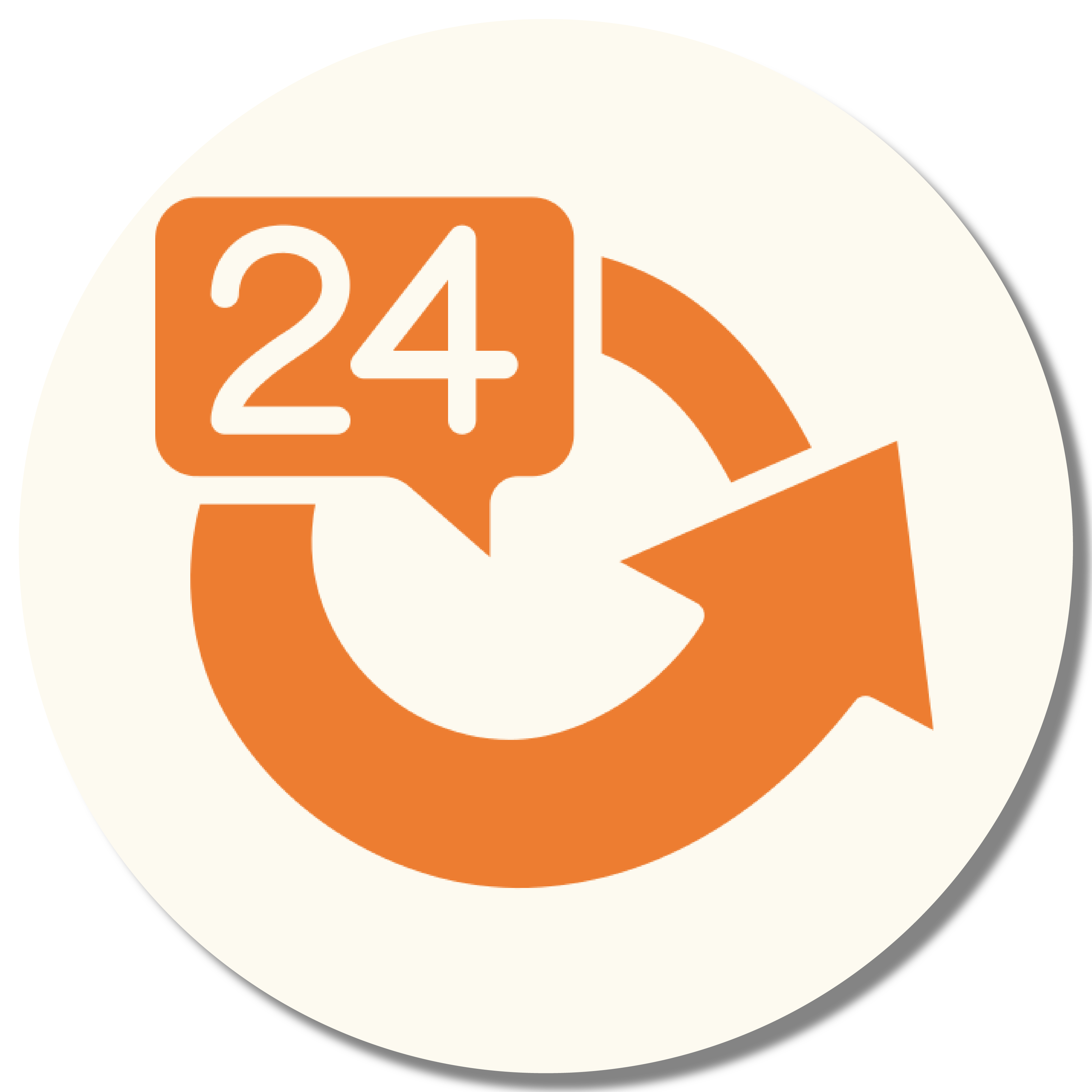 Orange circular arrow with '24' in a speech bubble on a white background.