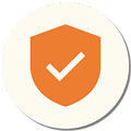 An icon of an orange shield with a white checkmark on a circular, off-white background.