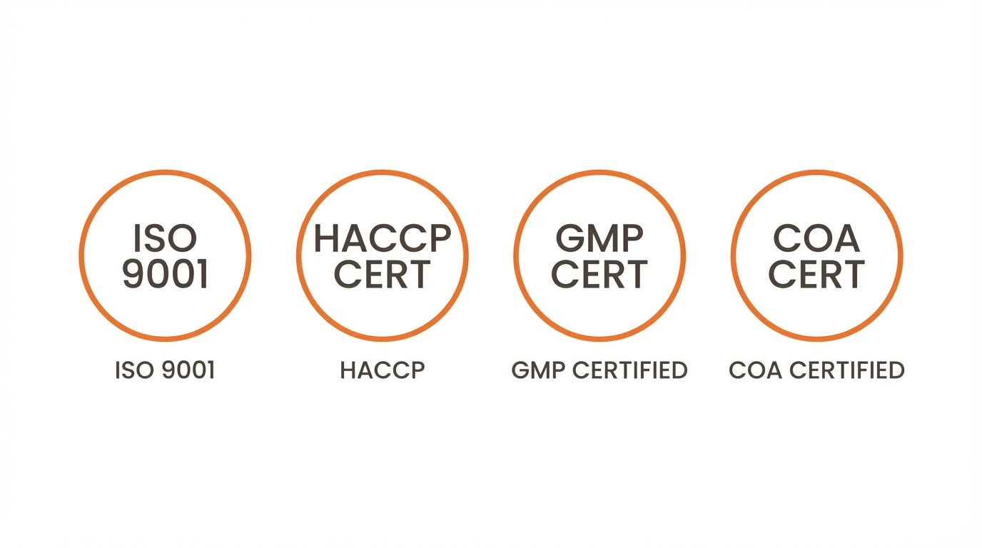 Icons for ISO 9001, HACCP, GMP Certified, and COA Certified, shown in a row.