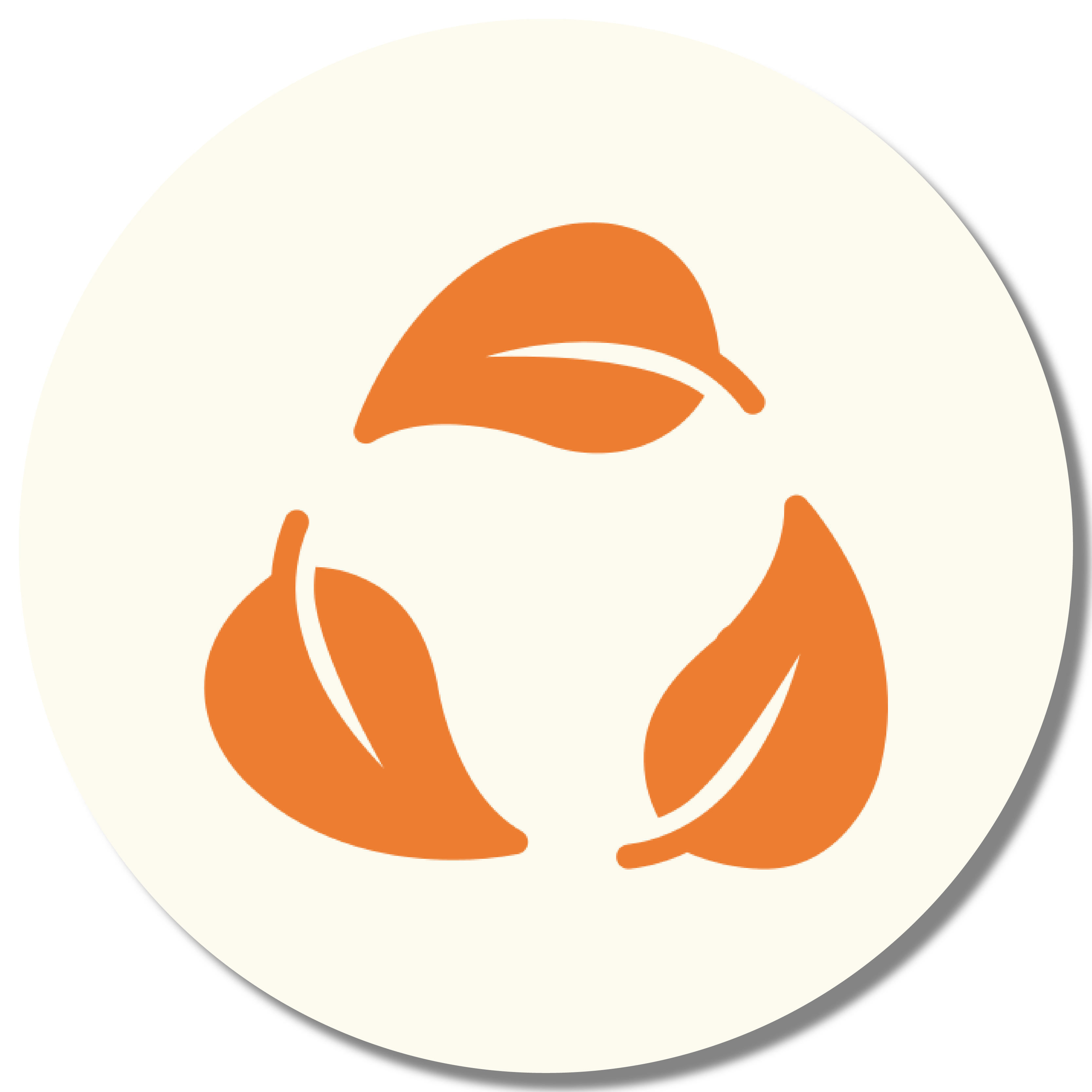 Three orange leaves forming a recycling symbol on a white background.