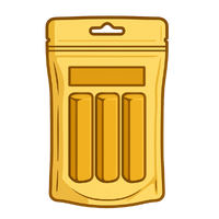 Illustration of a sealed, gold-colored packaging pouch with a hang tab.