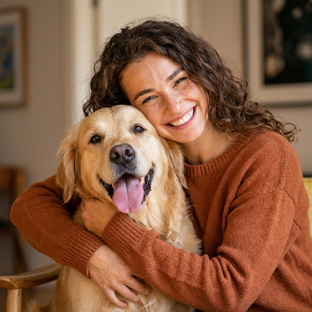 A smiling woman with curly brown hair and freckles hugs a happy golden retriever.