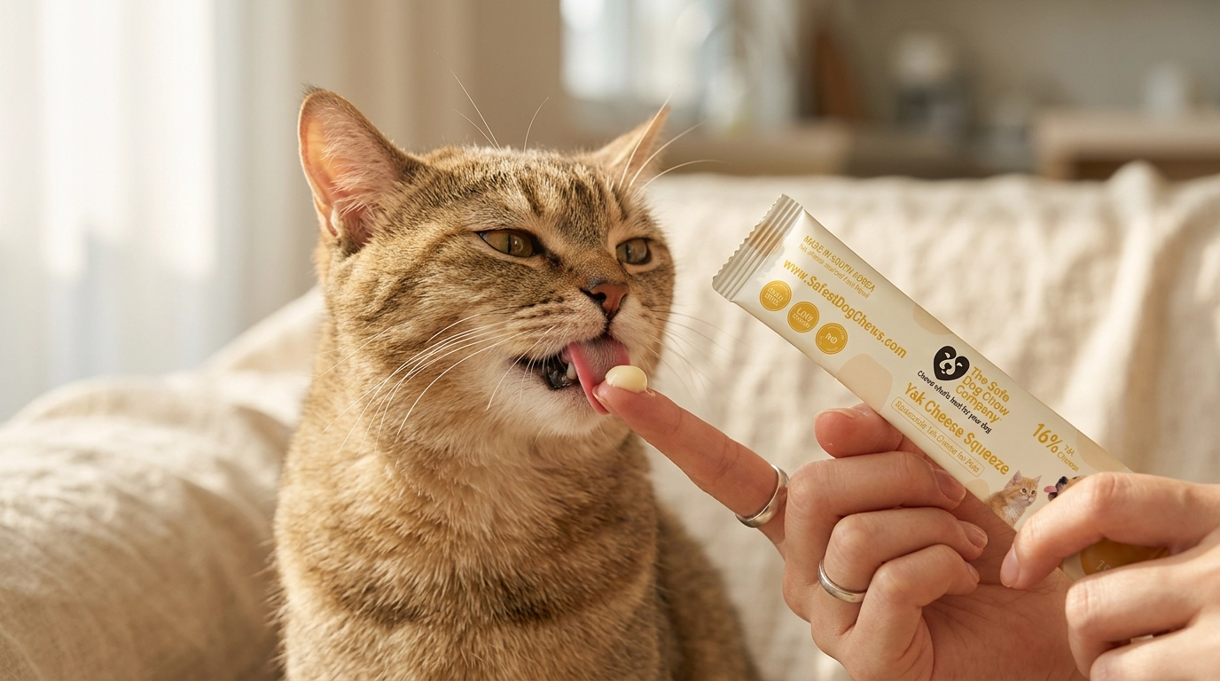 A tabby cat licks a treat from a person's finger while they hold the product packet.
