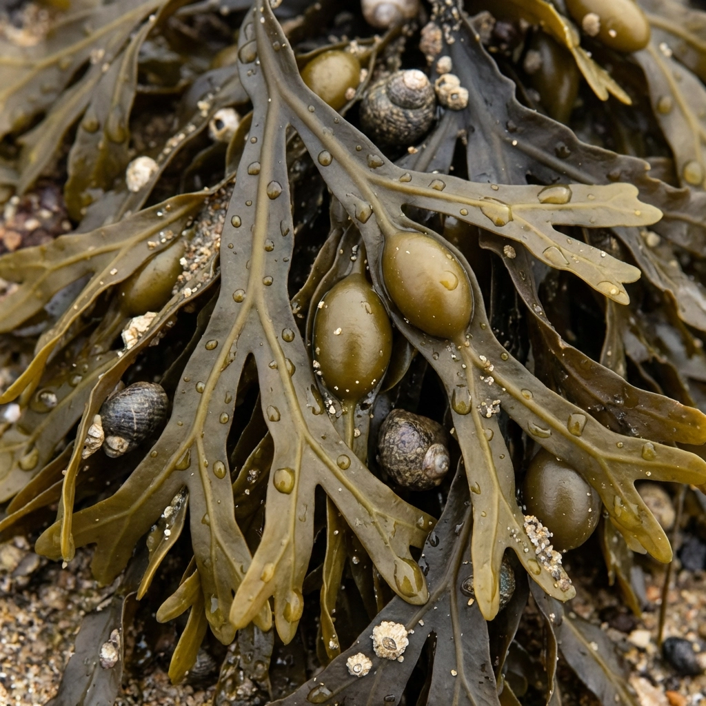 A close-up shot of wet, olive-green seaweed with small sea snails and barnacles on sand.