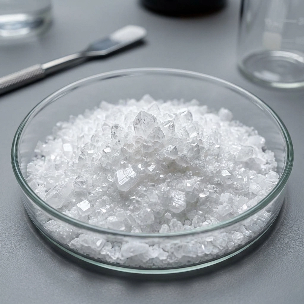 A close-up of white, translucent crystals in a glass petri dish on a gray laboratory surface.