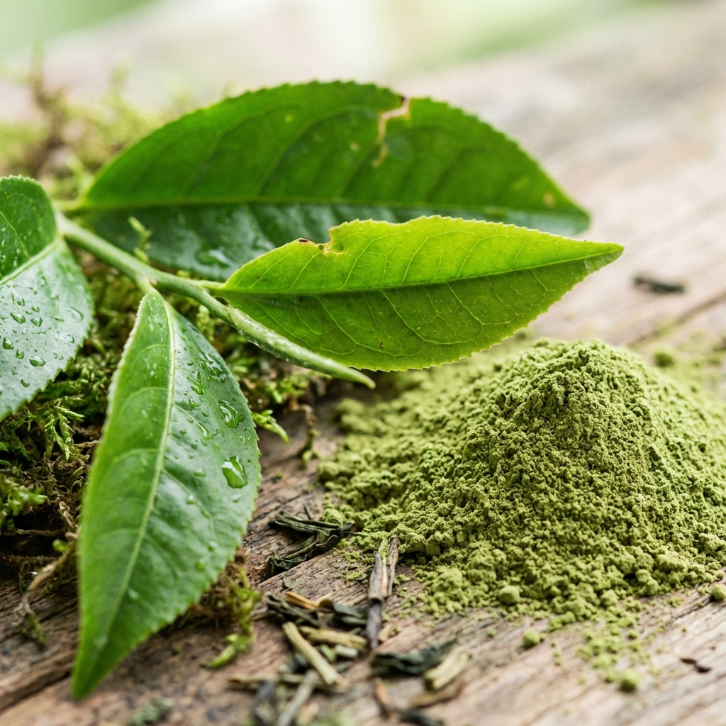 A close-up of fresh green tea leaves next to a pile of green tea powder on a wooden surface.