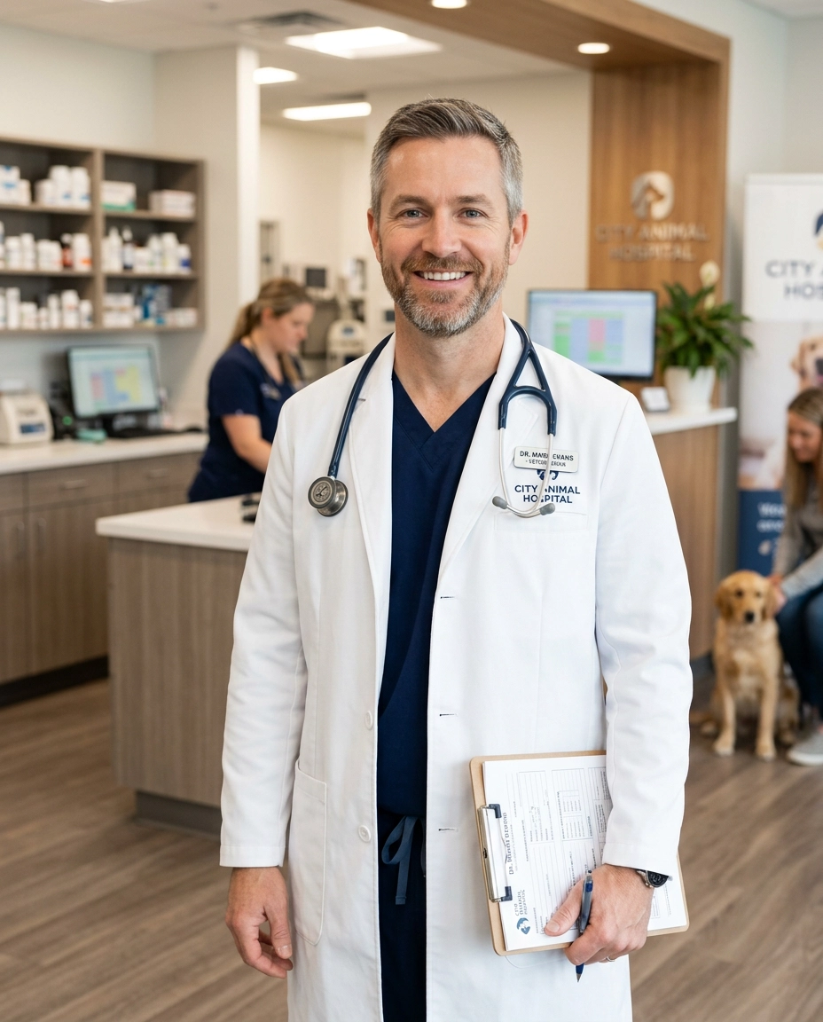 A smiling male veterinarian in a white lab coat holds a clipboard inside an animal hospital.
