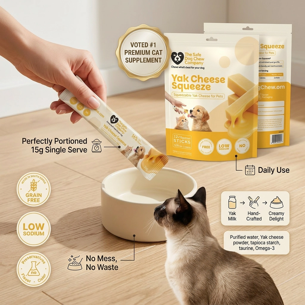 A person squeezes a yak cheese treat from a tube into a bowl for a waiting Siamese cat.