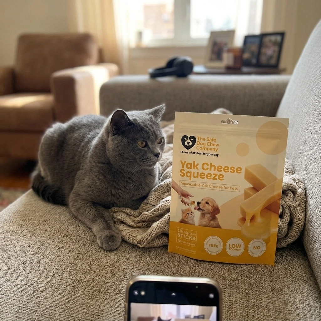 A gray cat lies on a couch next to a bag of Yak Cheese Squeeze pet treats.