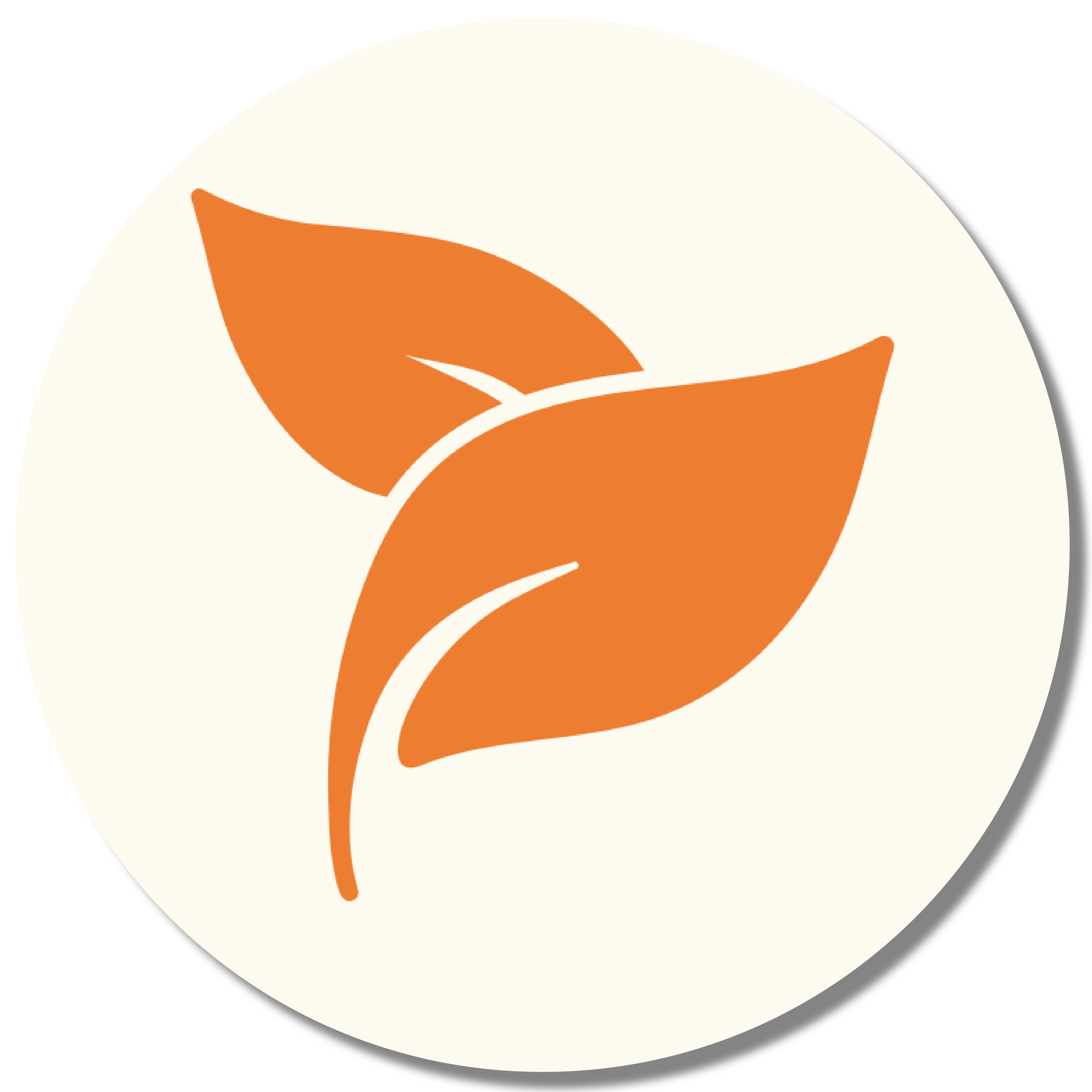 Two orange leaves on a white circular background.