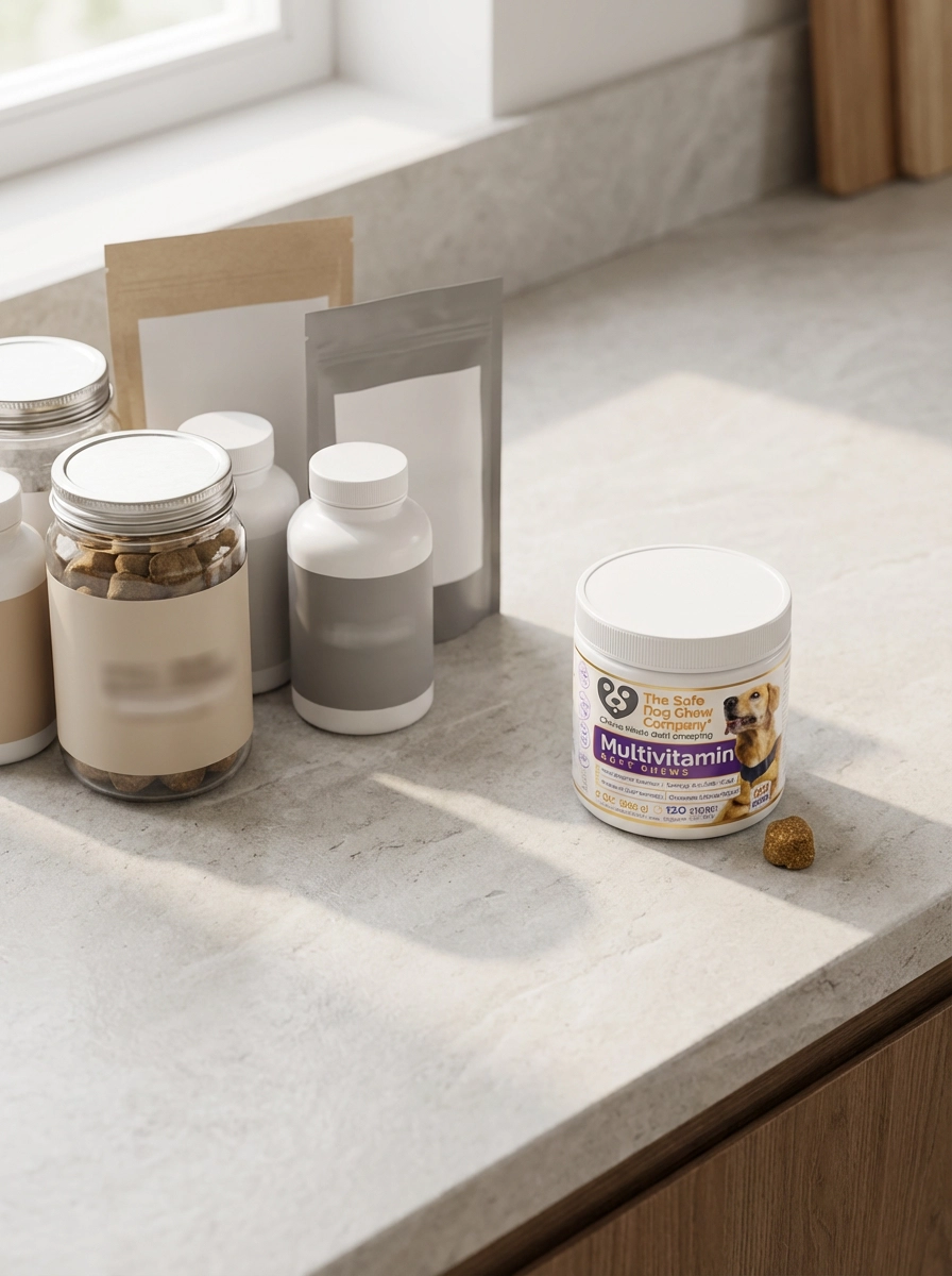 A container of dog multivitamin soft chews on a counter among other unlabeled bottles and pouches.