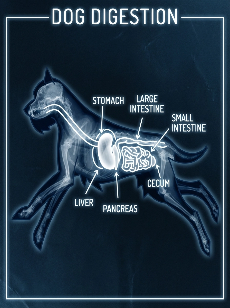 An X-ray style diagram illustrating a dog's digestive system with major organs labeled.