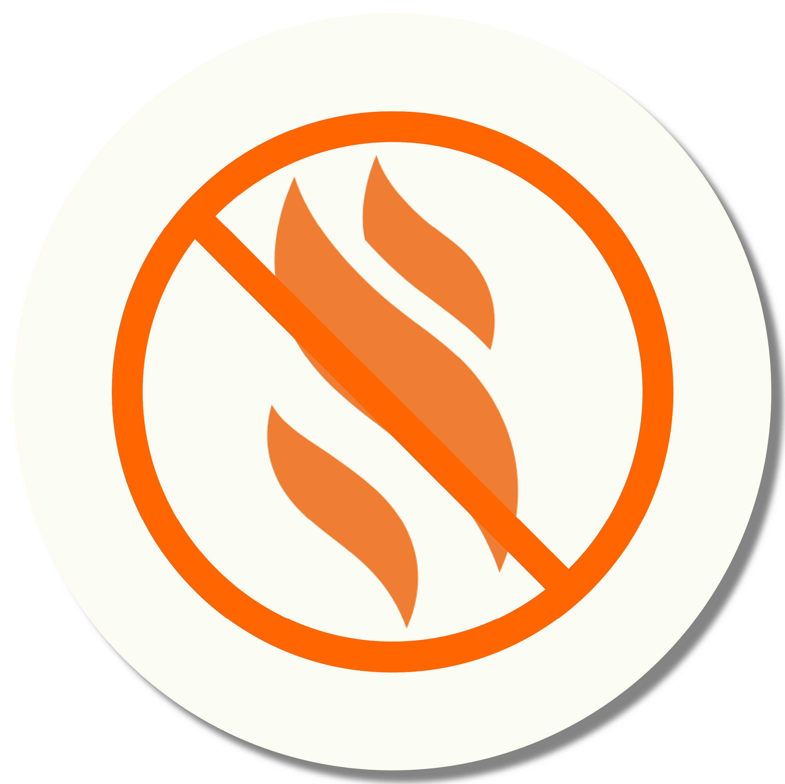 No smoking sign with orange circle and slash over flames.