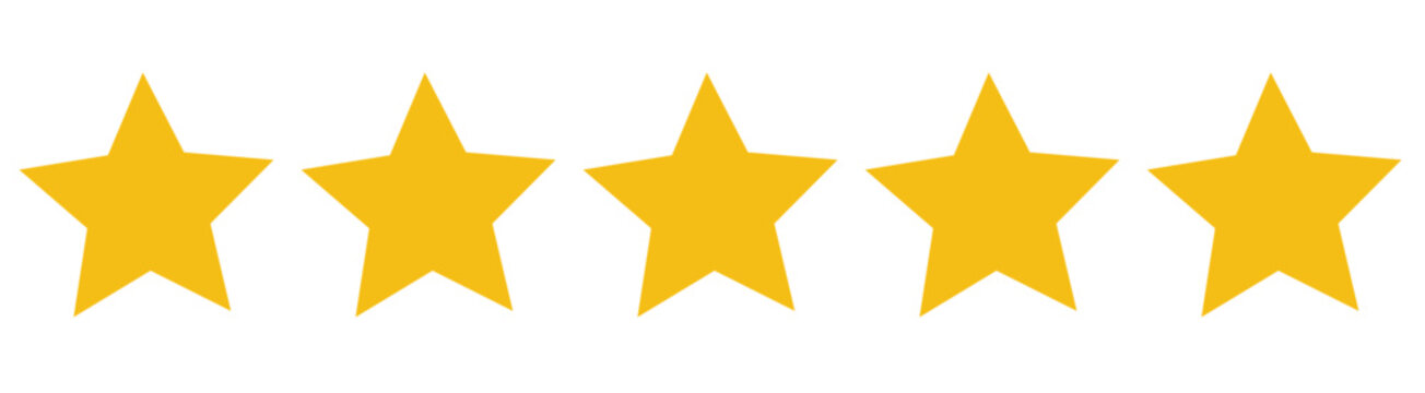 Five yellow stars in a horizontal row on a white background.