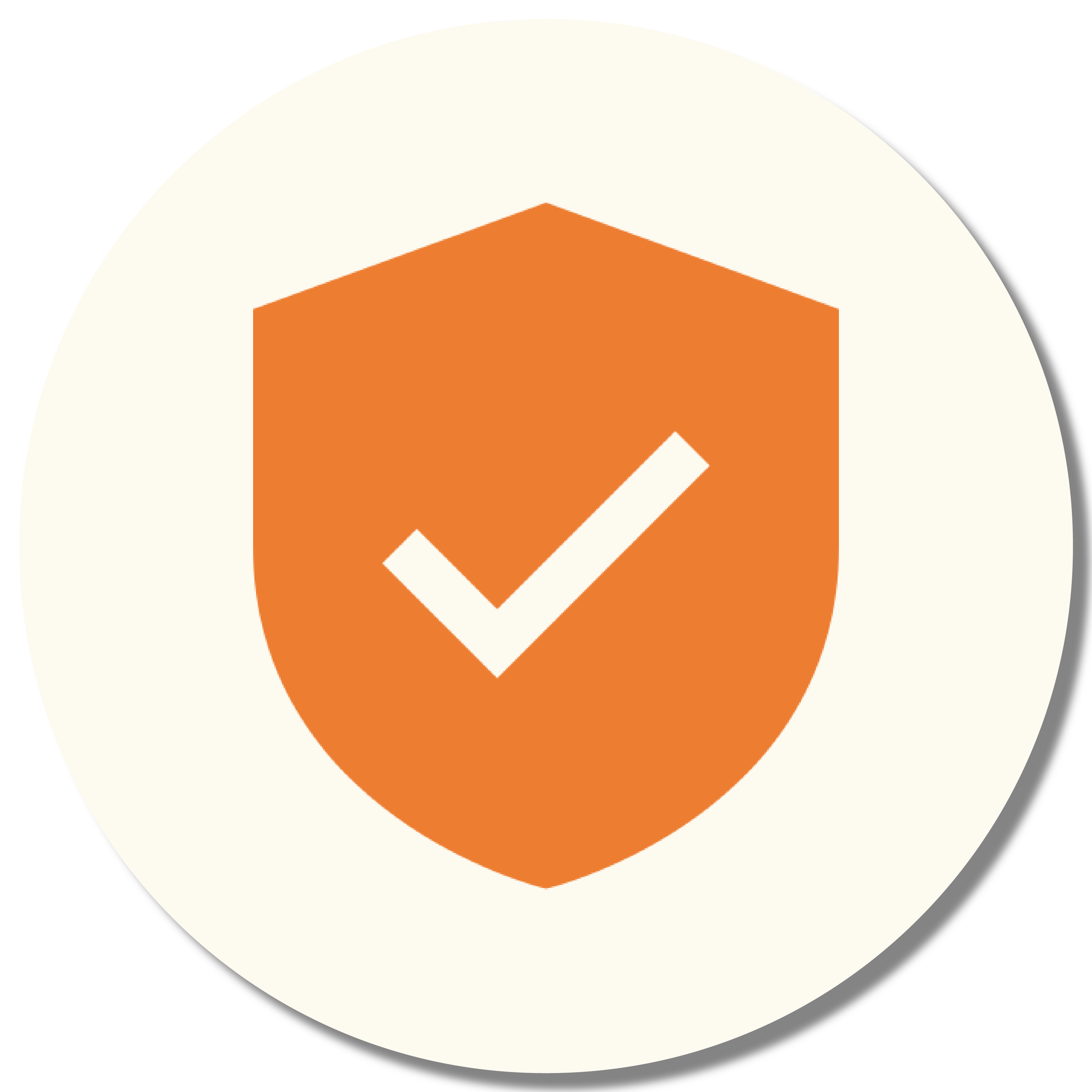 Orange shield with a white checkmark inside a circle.